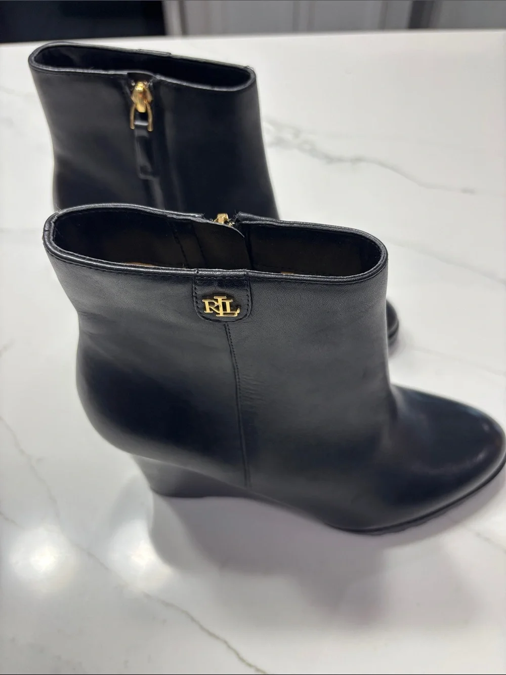 Ralph Lauren Black Leather Wedge Booties with Gold Logo